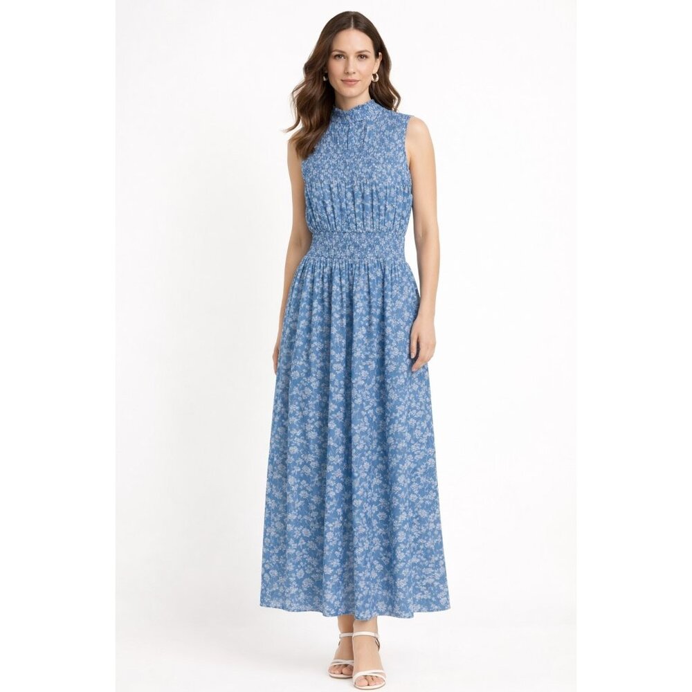 Monique Lhuillier Size 10 Blue Floral Mock Neck Dress Smocked Cocktail Party